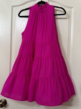 TCEC Hot Pink Tiered Ruffle Neck Dress